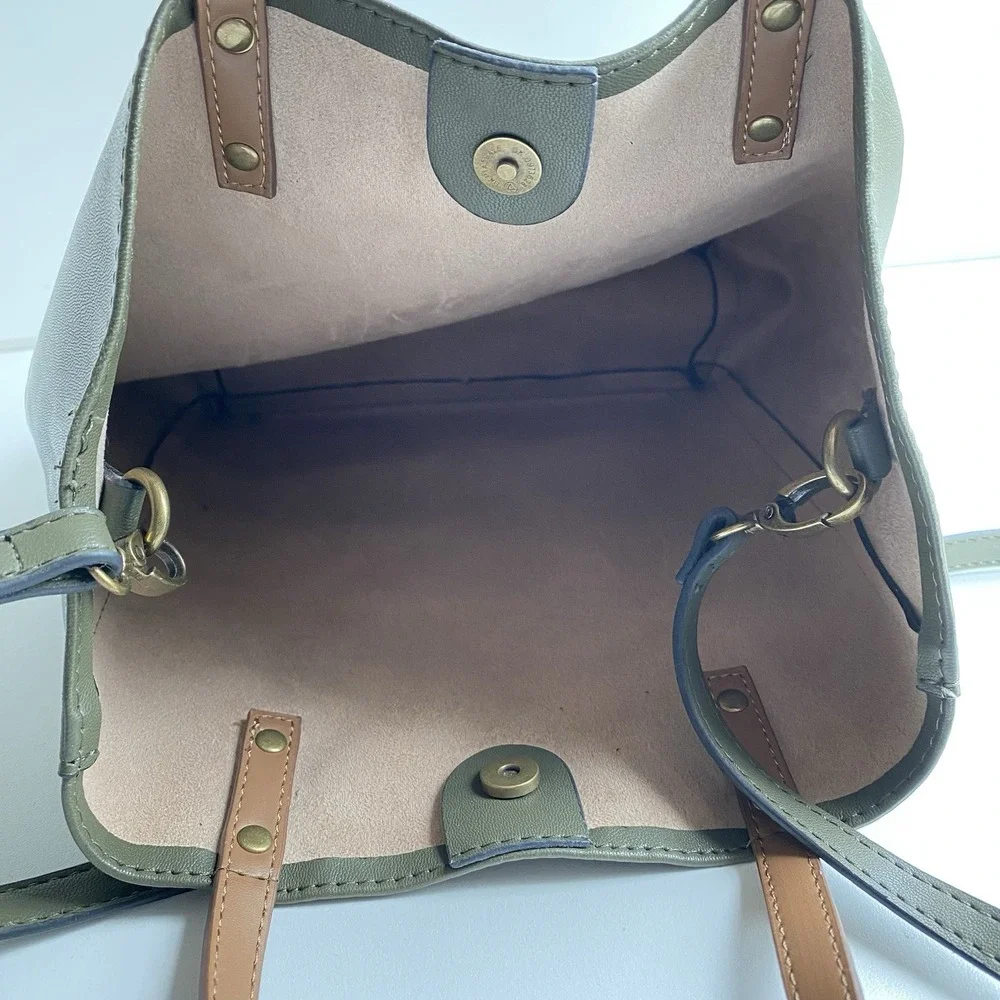 Olive Green Faux‎ Leather Tote Handbag Brown Handles Matching Shoulder Strap